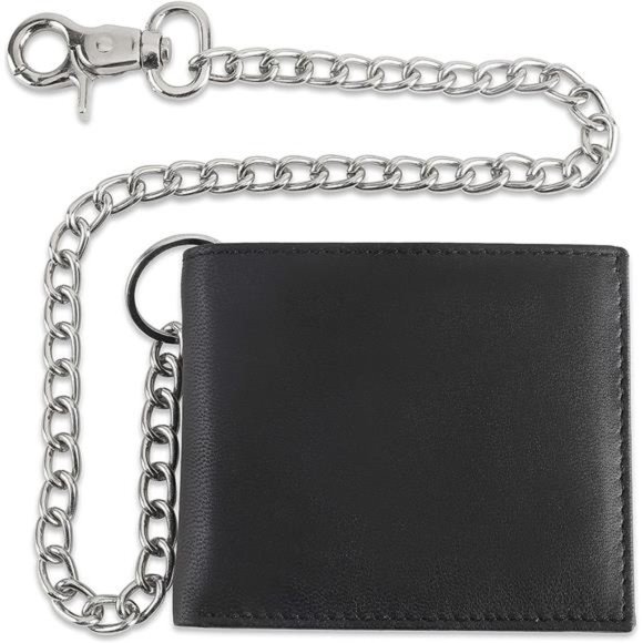 RFID Blocking bi-fold Style Cowhide Leather Steel Chain Wallet For